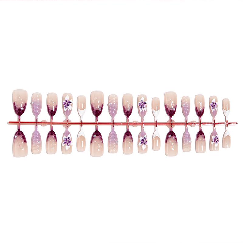 3D Stereo Floral Nail Art with Handmade Rhinestones - French Almond Purple Gradient Nail Tips