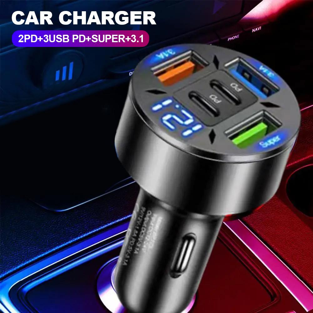 66W 3 USB Ports Car Charger QC 3.0 USB Type-c Quick Charging 5-Port USB A+USB C Fast Charging Cigarette Lighter Adapter