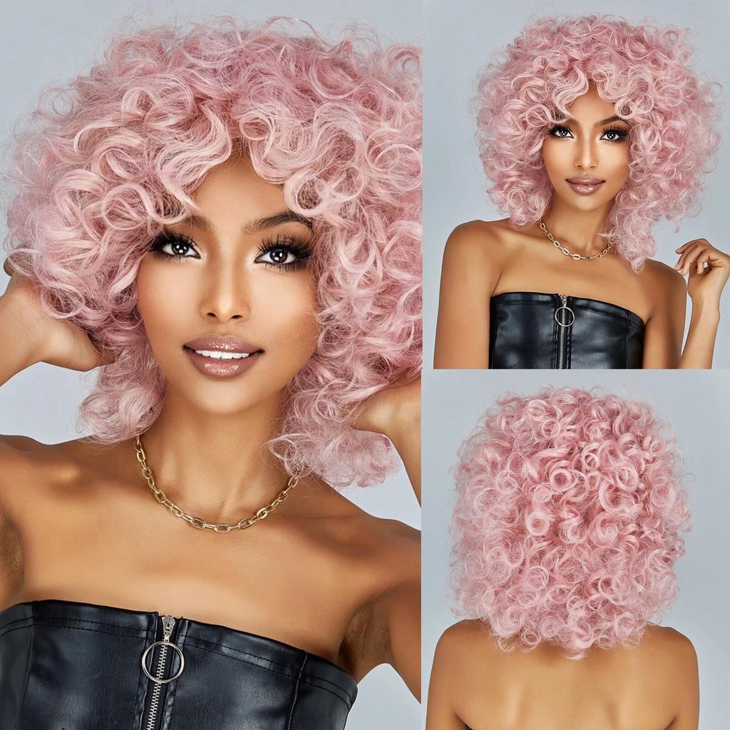 Pink Curly Synthetic Wigs for Black Women Short Kinky Curly Wig with Bangs Heat Resistant Hair Wig Halloween Cosplay Party Wigs