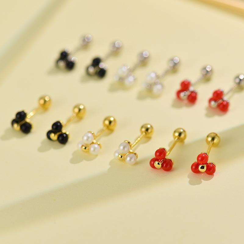 

Real 925 Sterling Silver Simple Geometric Simulation Pearls Ear Studs Delicate Flower Stud Earrings For Women Fine Jewelry Black stone срібний