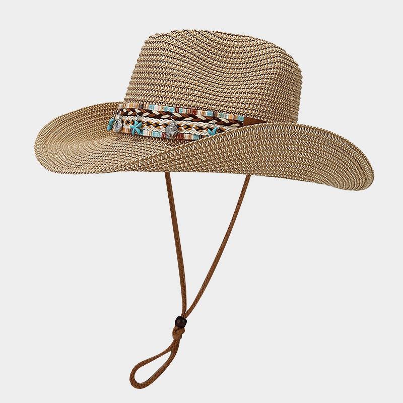 Boho-Chic Handcrafted Straw Cowboy Hat with Blue Accents - Breathable, Lightweight & Stylish for Women