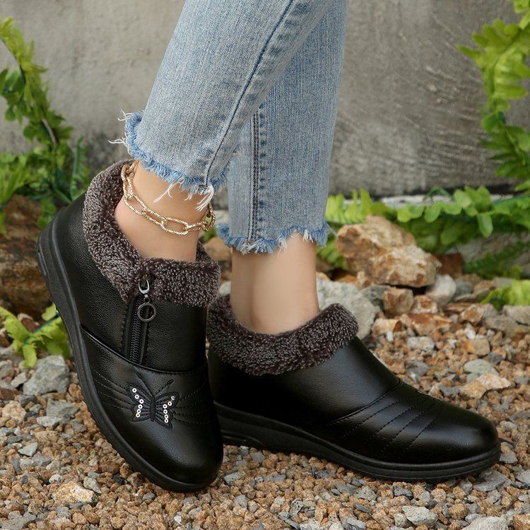 Fashion Versatile Warm Side Zipper Cotton Shoes for Women 2025 Autumn and Winter New Flat-bottomed Non-slip Casual Soft-soled Cotton Shoes for Women