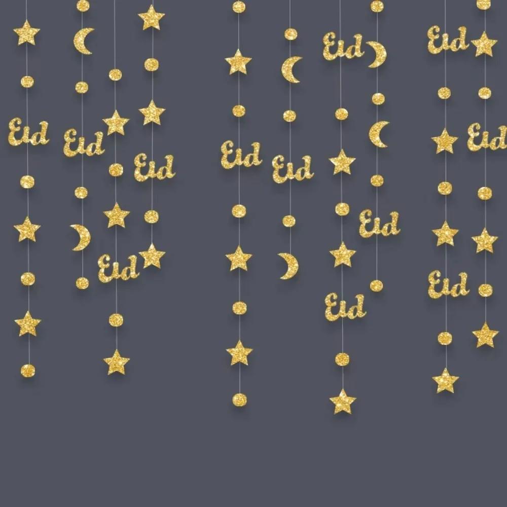4M Eid Mubarak Banners Ornaments Gold Silver Star Moon Lantern Ramadan Kareem Hang Garland Paper DIY Home Decor Pull Flag