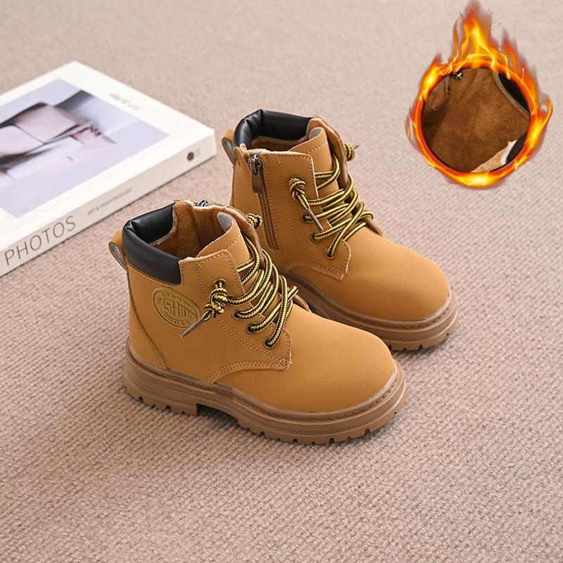 Children's autumn and winter short boots 2025 new girls leather boots boys single boots rhubarb boots British style velvet Martin boots
