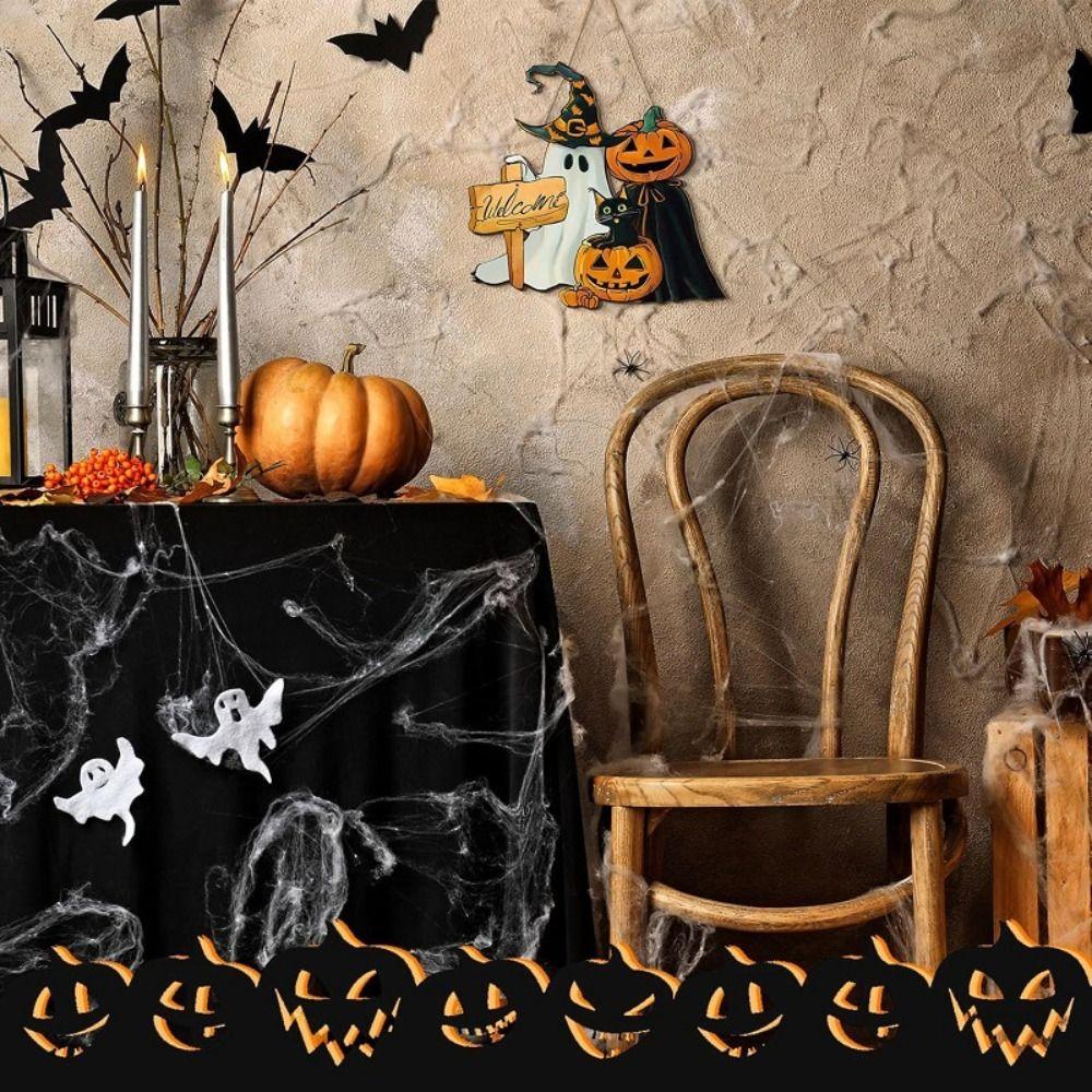 Wooden Spooky Halloween Welcome Door Sign Creative Funny Ghost Cat Pumpkin Hanger Wreath Cartoon Cute Wall Hanging Pendant Home