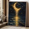 Unique 5D Framed Pearl Painting Kit with Golden Crescent Moon Night Sea Pattern Sparkling Bead Art Canvas DIY Handmade Craft for Living Room Decor
