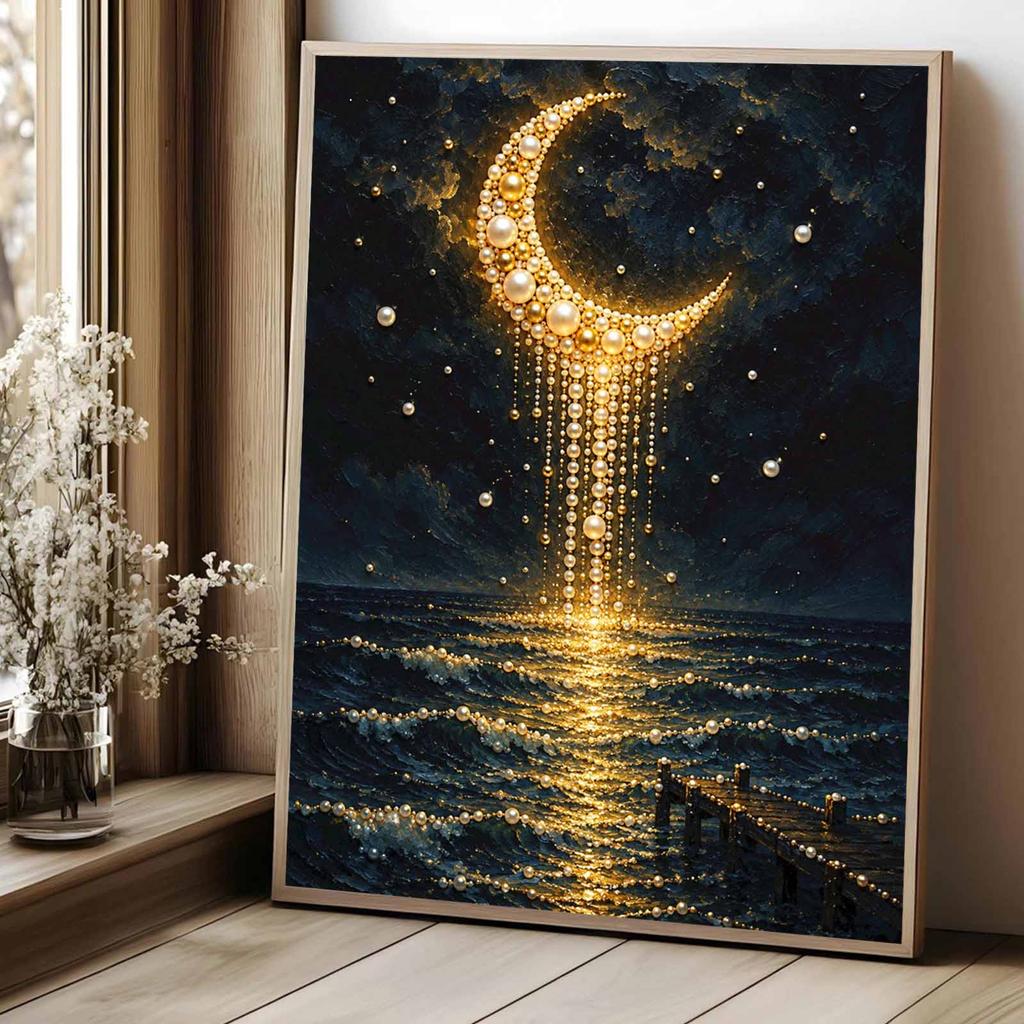 Unique 5D Framed Pearl Painting Kit with Golden Crescent Moon Night Sea Pattern Sparkling Bead Art Canvas DIY Handmade Craft for Living Room Decor