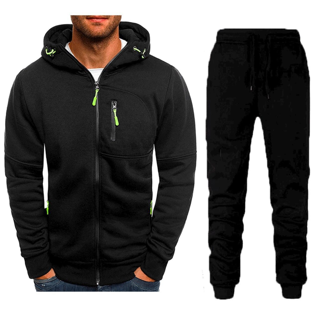 

New Men s Sports Suit Zipper Cardigan Two-piece Running Outdoor Hooded Suit L чорний