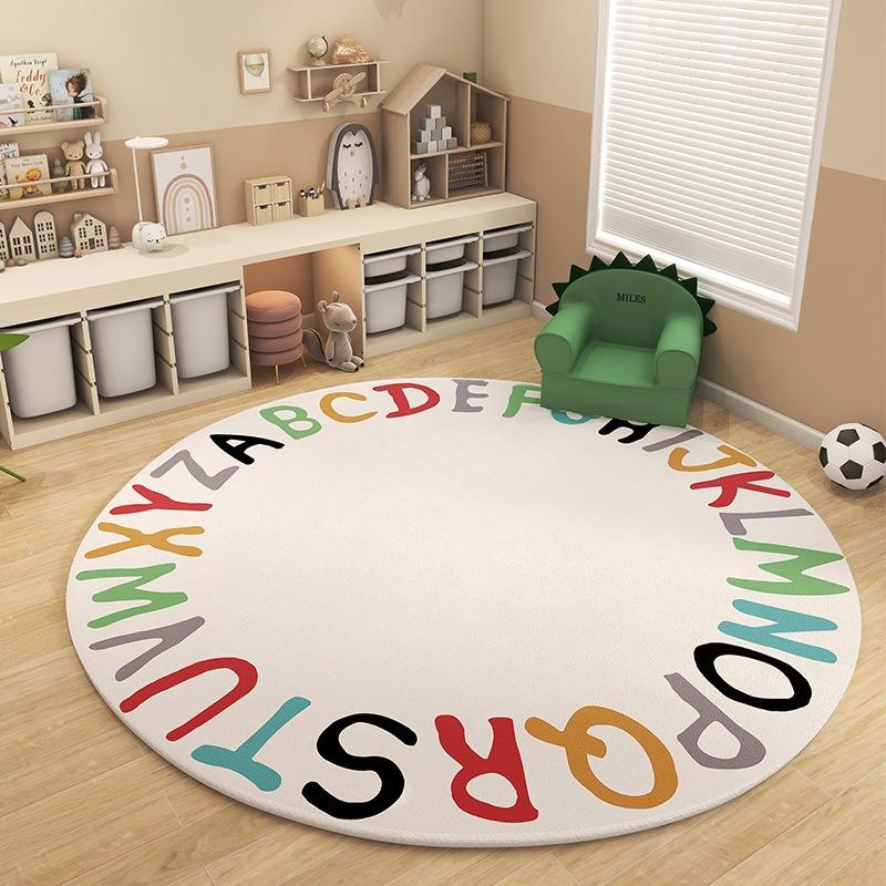 Cheerful Colorful Alphabet Flower Round Rug Soft Plush Non-slip Educational Kids Room Play Area Nursery Home Decor Mat Bedroom