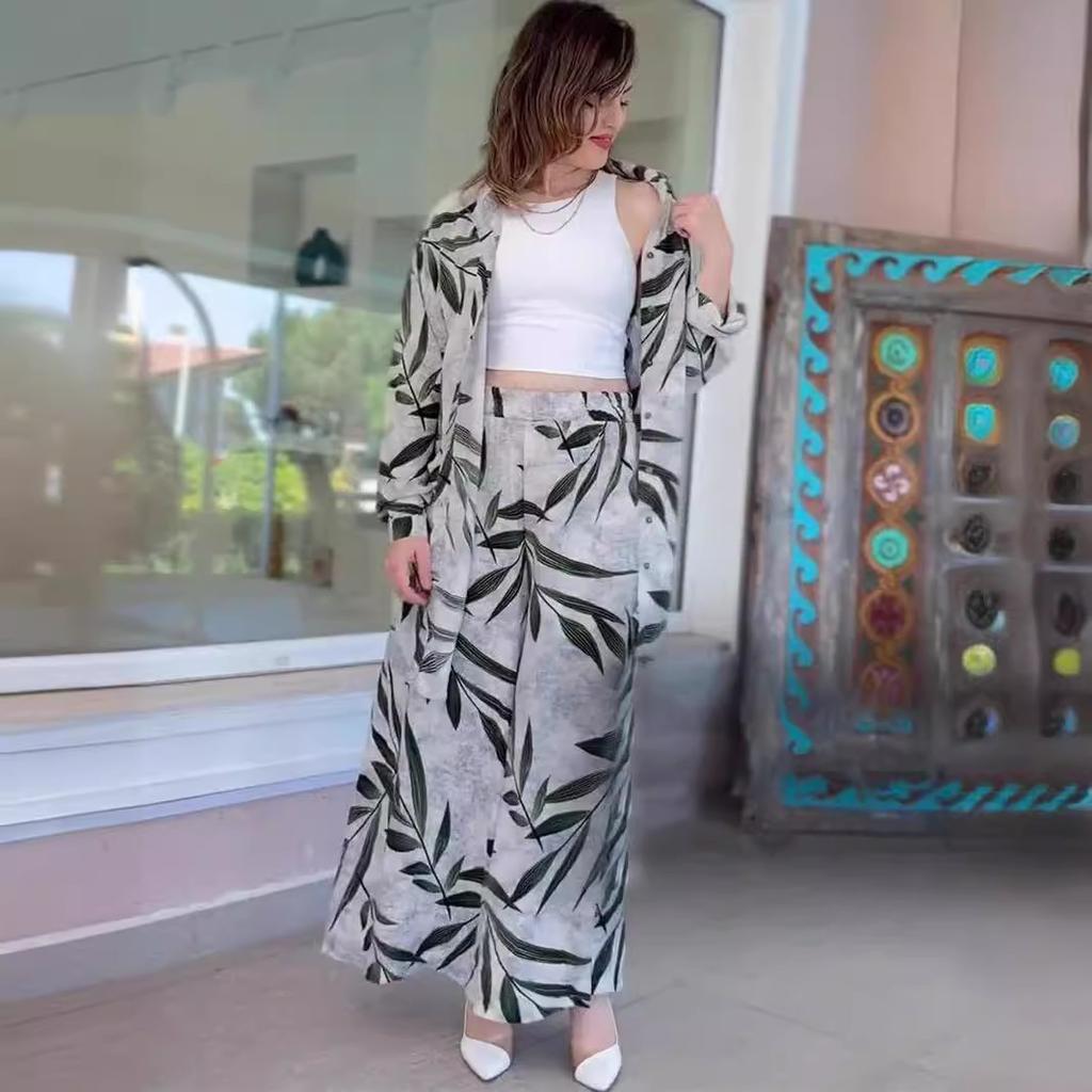 2026 Amazon Europe and the United States summer new fashion printed cardigan wide-leg pants trousers set cross-border hot-selling fashion