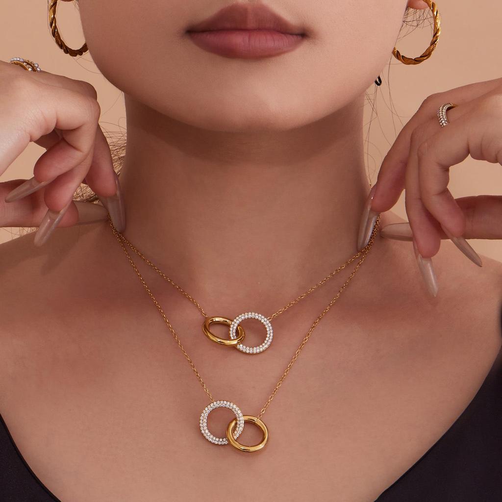 Dreamy Chic Double Ring Zirconia Rhinestone Bracelet & Necklace Set - 18K Gold Plated Stainless Steel, Non-Fading Jewelry.