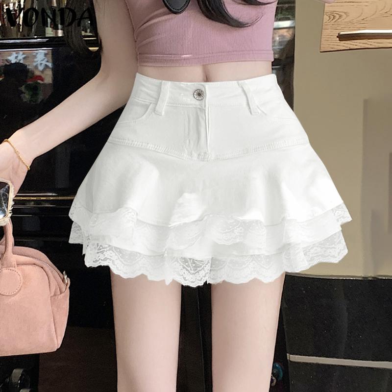 VONDA Summer Women Button Zip-up Waist Lace Patchwork Ruffled Casual Mini Skirts