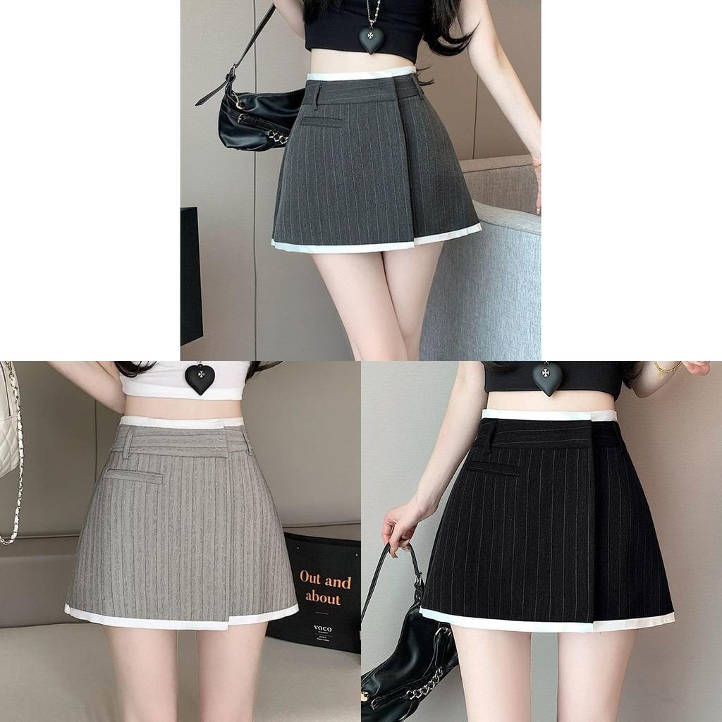 Classic Style Striped Irregular Mini Skirt With Zipper For Casual Office Wear