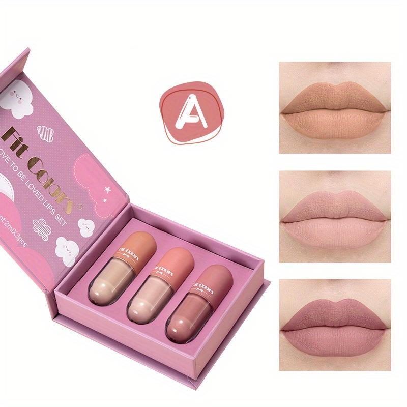 3-Farben-Kapsel-Lipgloss-Samt-Matt-Samt-Antihaftbecher, wasserfest, wischfest, lichtecht, flüssiges Lippenstift-Set