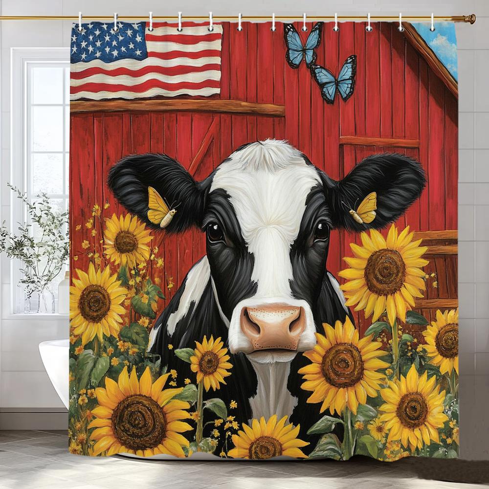 1 Piece Country Farmhouse Style Shower Curtain, Farm Cow, Garden Sunflowers Bathroom Decorative Shower Curtain with Hooks 90x180cm-35x70in