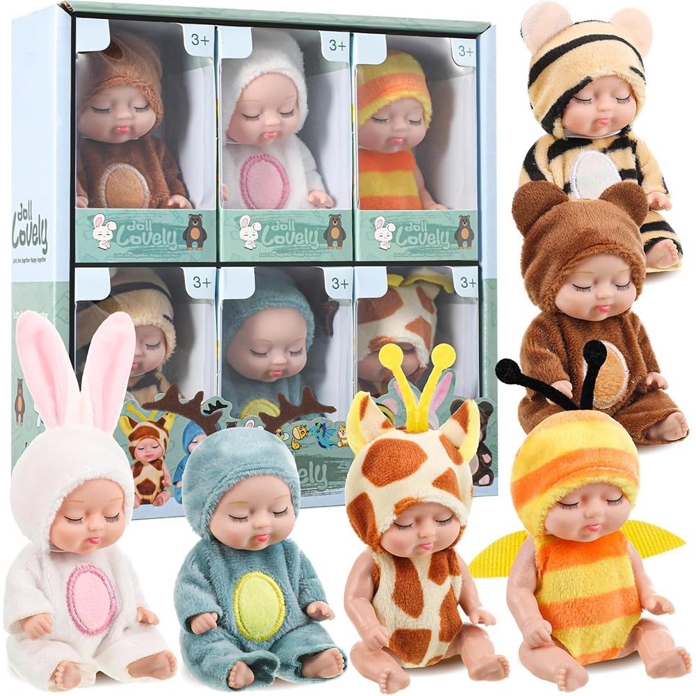 1/6 Pcs 11cm Mini Reborn Baby Doll Lifelike Realistic Baby Doll Toys with Animal Clothes Small Baby Dolls for Kids Birthday Gift