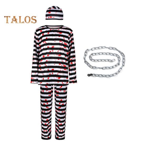 Set 4 Pezzi/Set Costume da Prigioniero per Adulti Bambini di Halloween con Stile Classico a Robe Stampa a Righe Role-Playing Top Pantaloni Cappello Set Catena