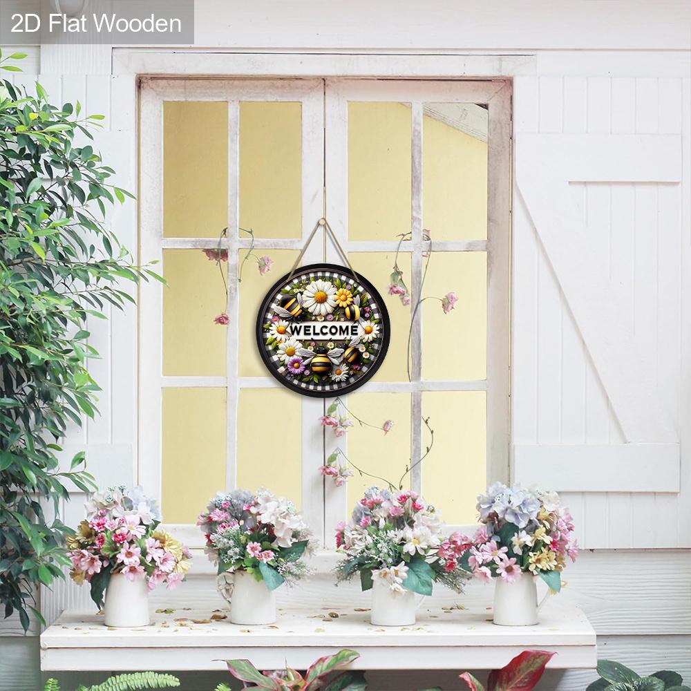 Gartenarbeit Holz Willkommensschild mit Bienen- und Blumenmuster - Dekorative Hängeplakette Idealer Hängeschmuck
