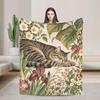 Vintage Sleeping Cat Botanical Flannel Throw, Cottagecore Garden Decor, Soft Fleece Blanket