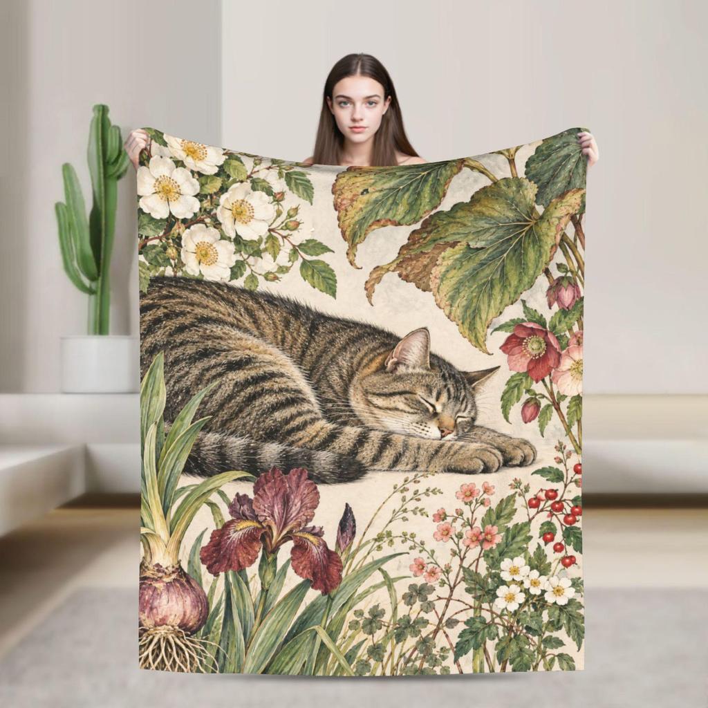 Vintage Sleeping Cat Botanical Flannel Throw, Cottagecore Garden Decor, Soft Fleece Blanket