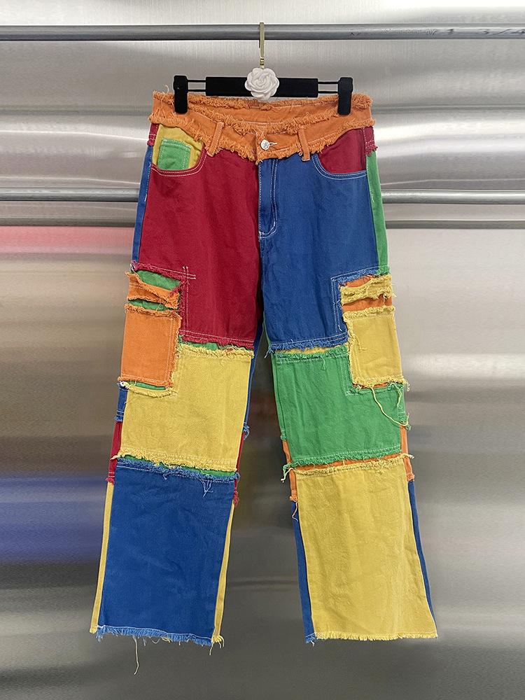 2026 Spring/Summer Women's Colorful Patchwork High Waist Straight Jeans