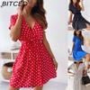 Women Summer Fashion Short Sleeve V Neck Mini Dress Female Polka Dot Split Dresses Vestidos for Women Beach Party Boho Dress