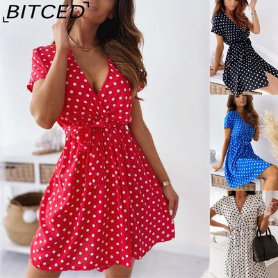 Women Summer Fashion Short Sleeve V Neck Mini Dress Female Polka Dot Split Dresses Vestidos for Women Beach Party Boho Dress