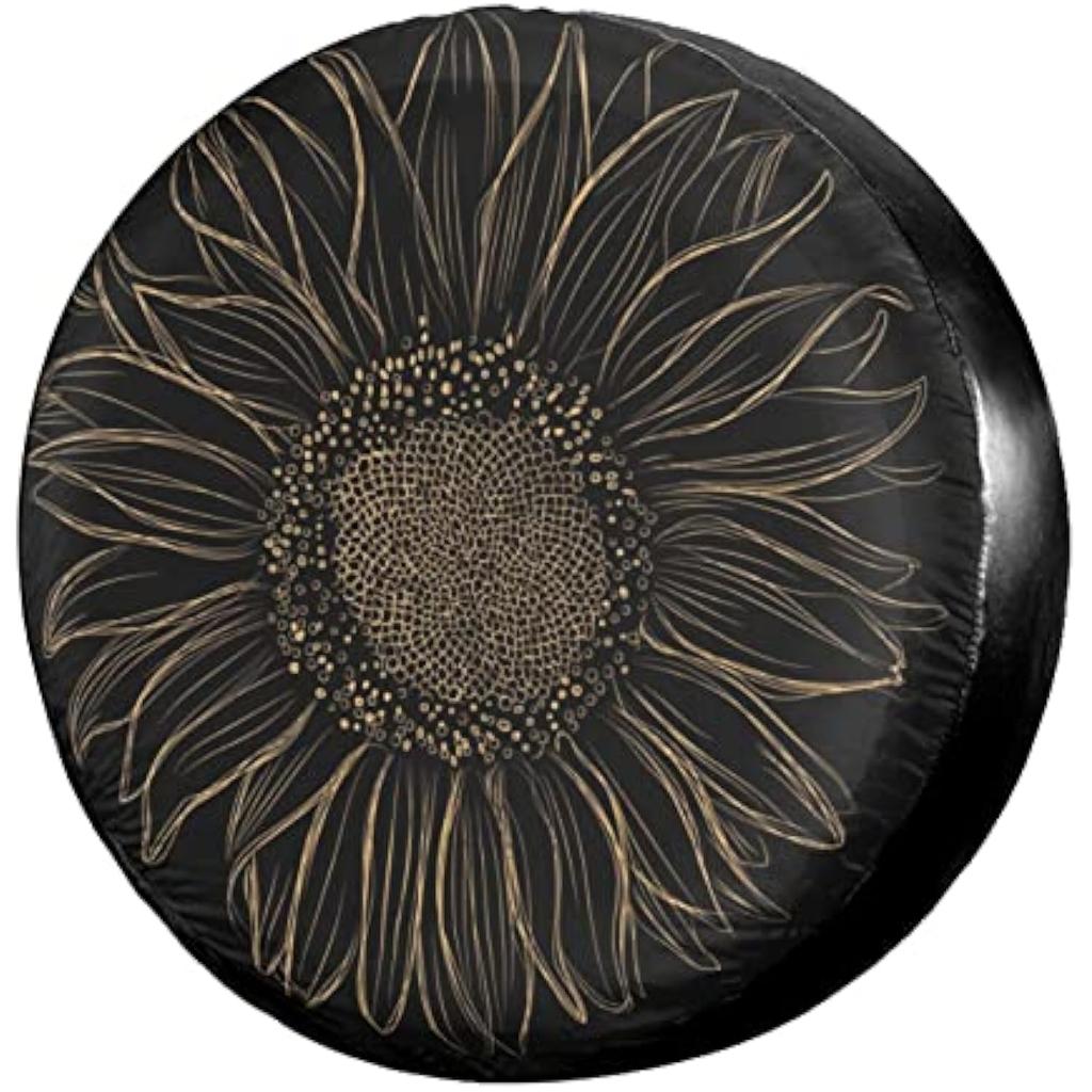 Sunflower Line Art Spare Tire Cover Waterproof UV Protection Wheel Cover for RV SUV Truck
