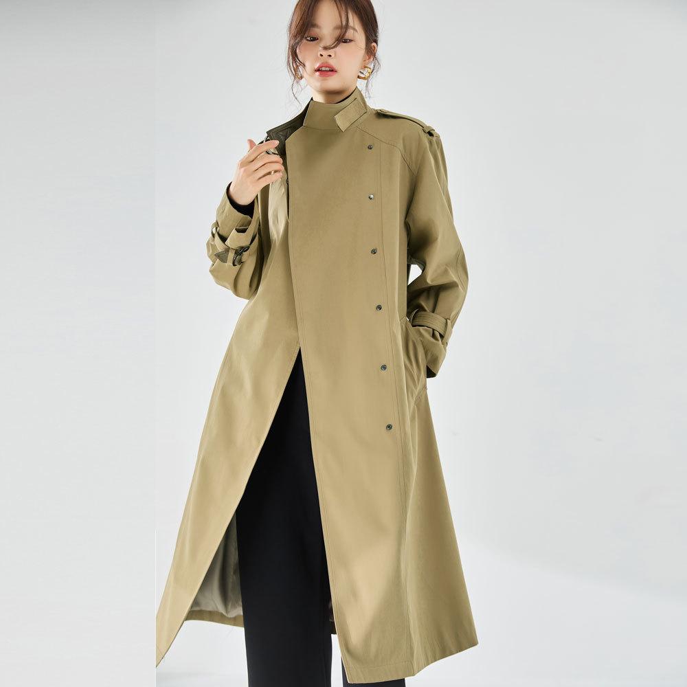 Qiuxin handsome stand-up collar, vertical and not easy to wrinkle fleece feeling, leather commuting casual medium and long trench coat 23066