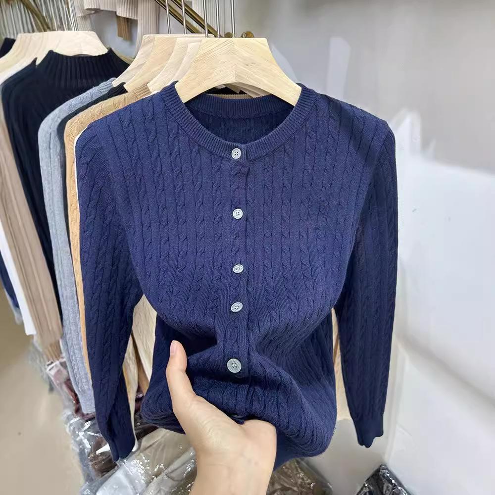 

Вязаный кардиган с вышивкой в виде пони в стиле «старые деньги» для женщин, осень, зима, ранняя весна, винтажный красный белый свитер с круглым вырезом, куртка One size темно-синий