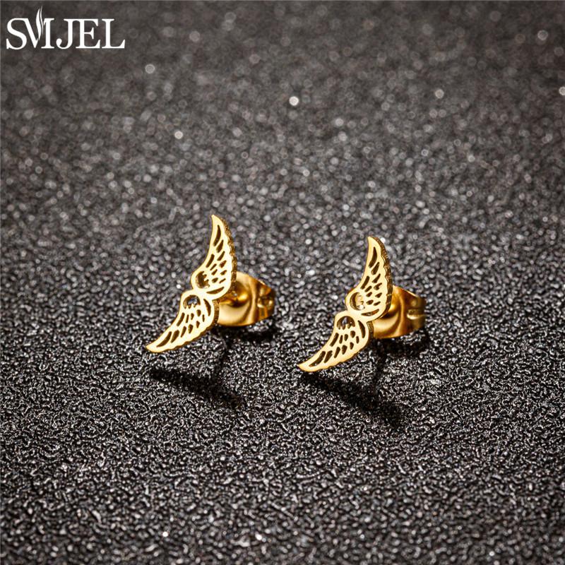 

SMJEL Ethnic Angel Wing Earrings Small Stainless Steel Feather Stud Earring for Women Fashion Jewelry Pendientes Mujer