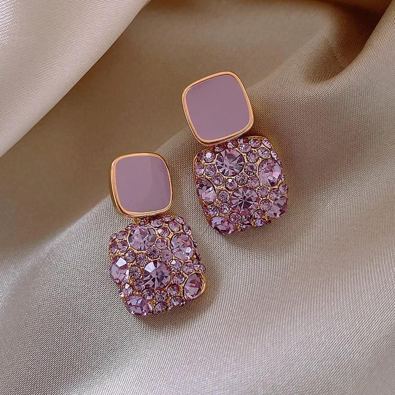 Purple Earrings Female Exquisite Fashion Stud Earrings Retro Temperament High-quality Square Diamond-encrusted Earrings