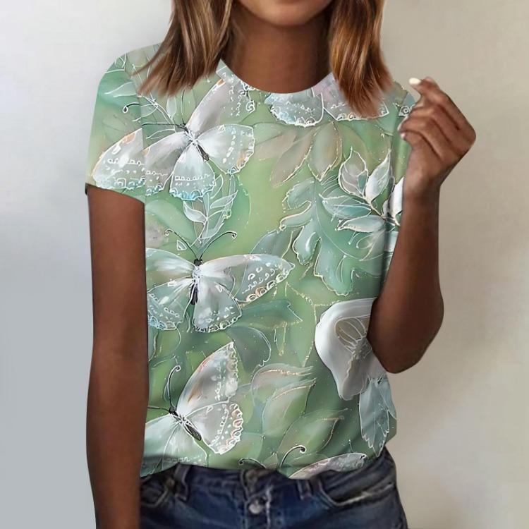Summer Round Neck 3D Print Flower Pattern Top Fashionable Casual Short Sleeved Women's T-shirts