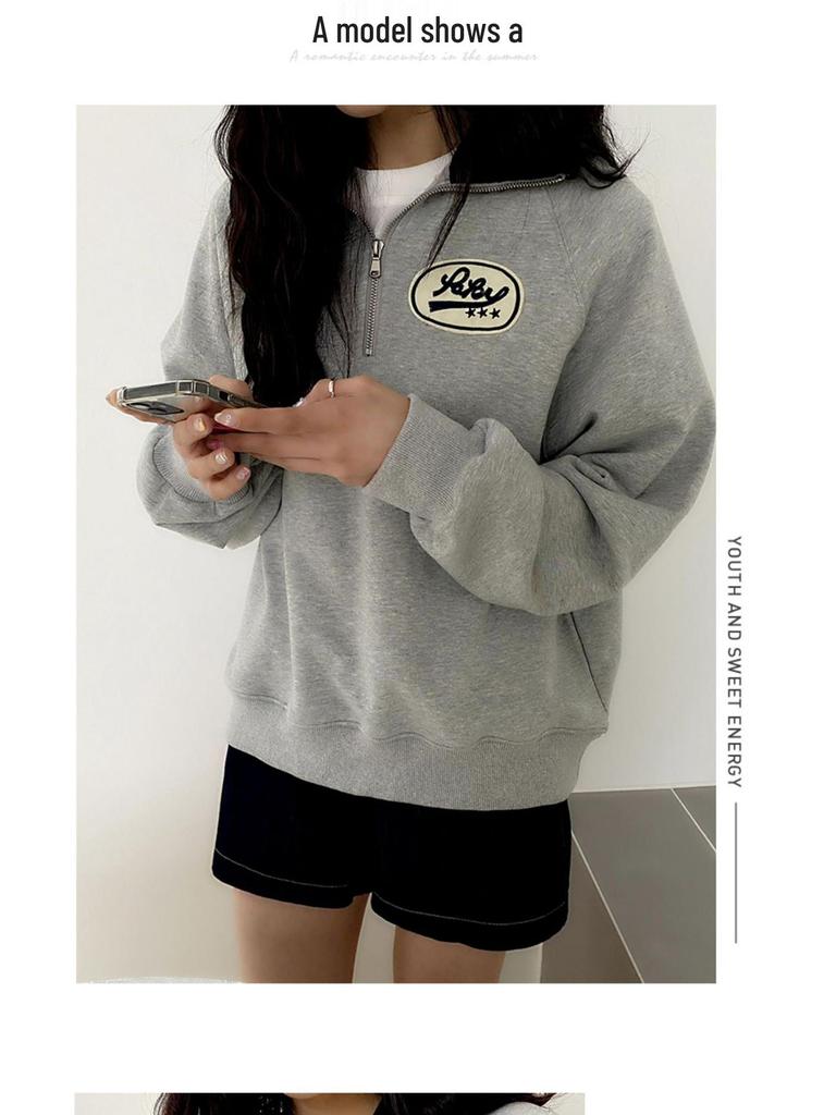 Women's Retro Half-Zip Polo Sweatshirt - Petite, Loose Fit, Korean Style, Spring/Autumn 2025
