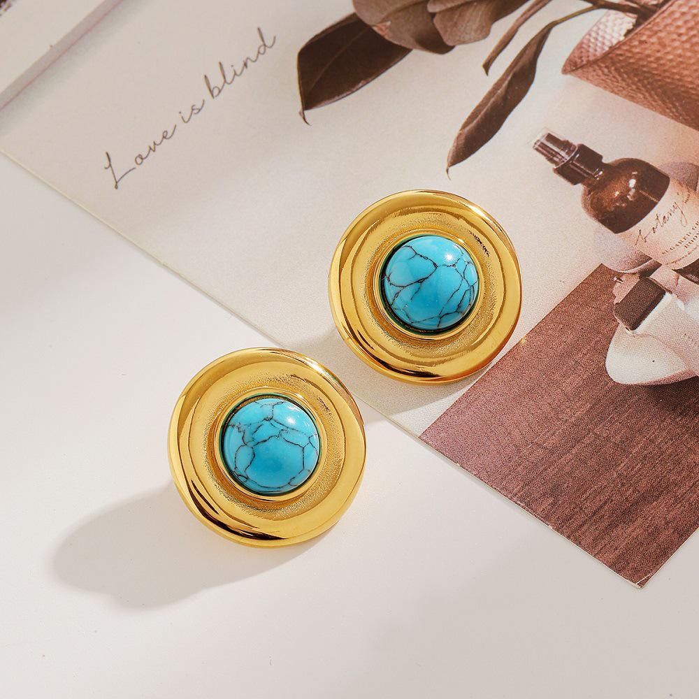 Ying Tai Turquoise Inlaid Stainless and Titanium Steel Stud Earrings, High Polish, Non-Fading, Vacuum Plated 18k Gold.