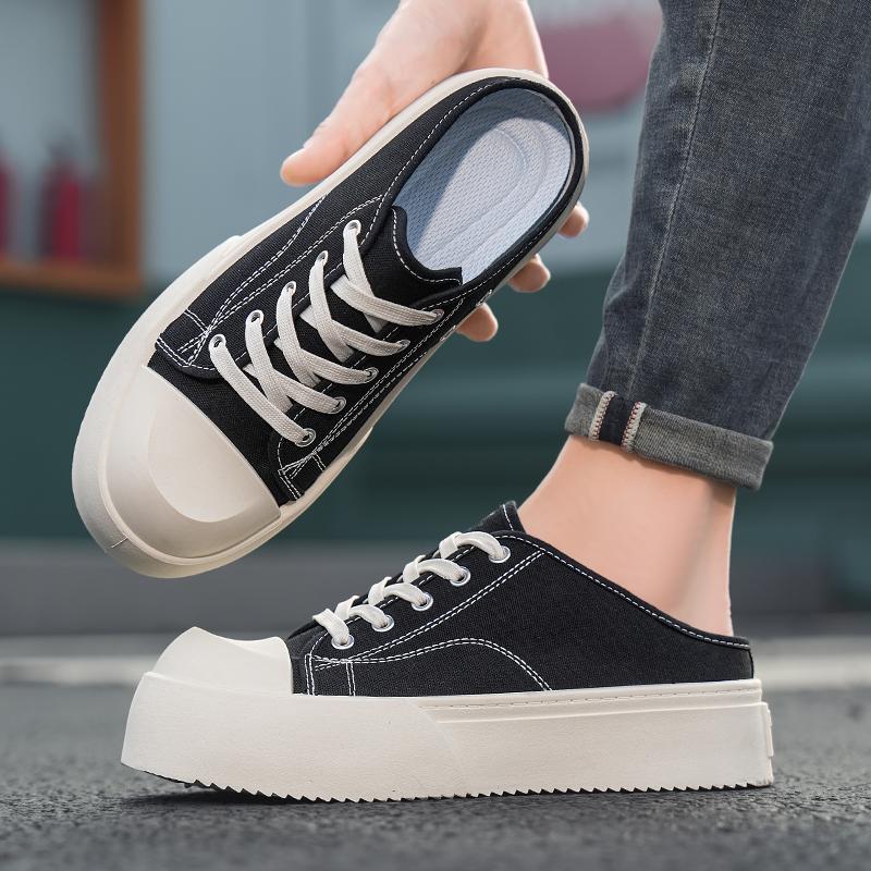 Summer New Half-drag Canvas Shoes Without Heels, Lazy Person's One-foot Wear, Thick-soled, Big-headed Outerwear Board Shoes