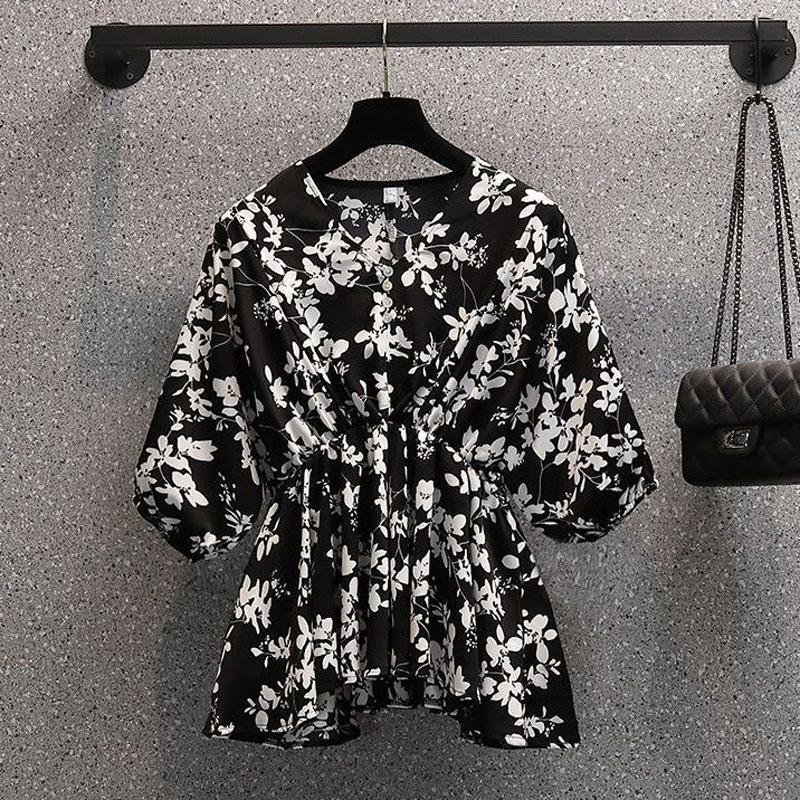 

Повседневная блузка с V-образным вырезом на пуговицах для работы, летняя блузка с коротким рукавом, женская одежда с растительным принтом, стильные складки, универсальная свободная рубашка XXXL чёрный