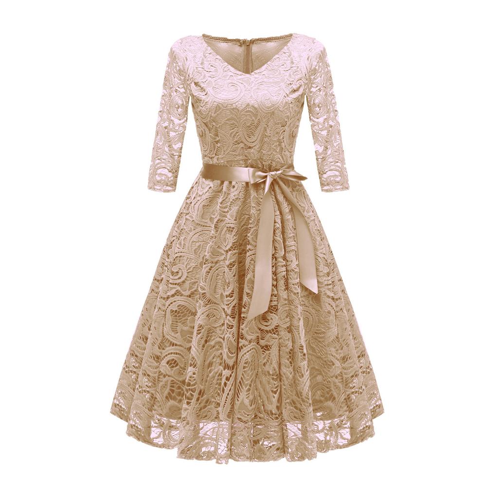 Dámská móda Vintage retro tenké večerní šaty s krajkovým výstřihem do V s dlouhým rukávem