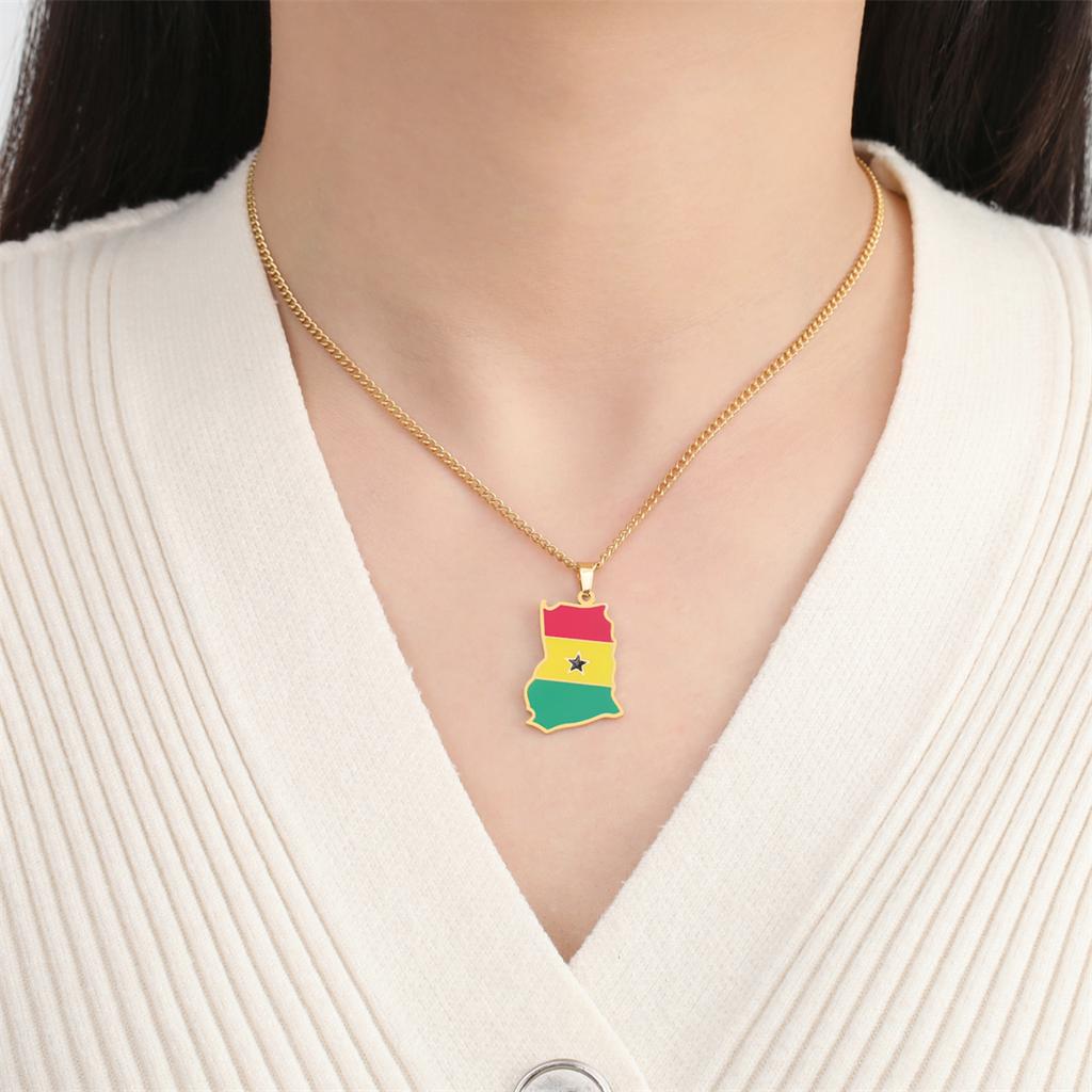 Collana Ciondolo Mappa Bandiera Africa Ghana Smalto Uomo Donna Acciaio Inossidabile Colore Oro Argento Gioielli Africani Ghanesi Regali
