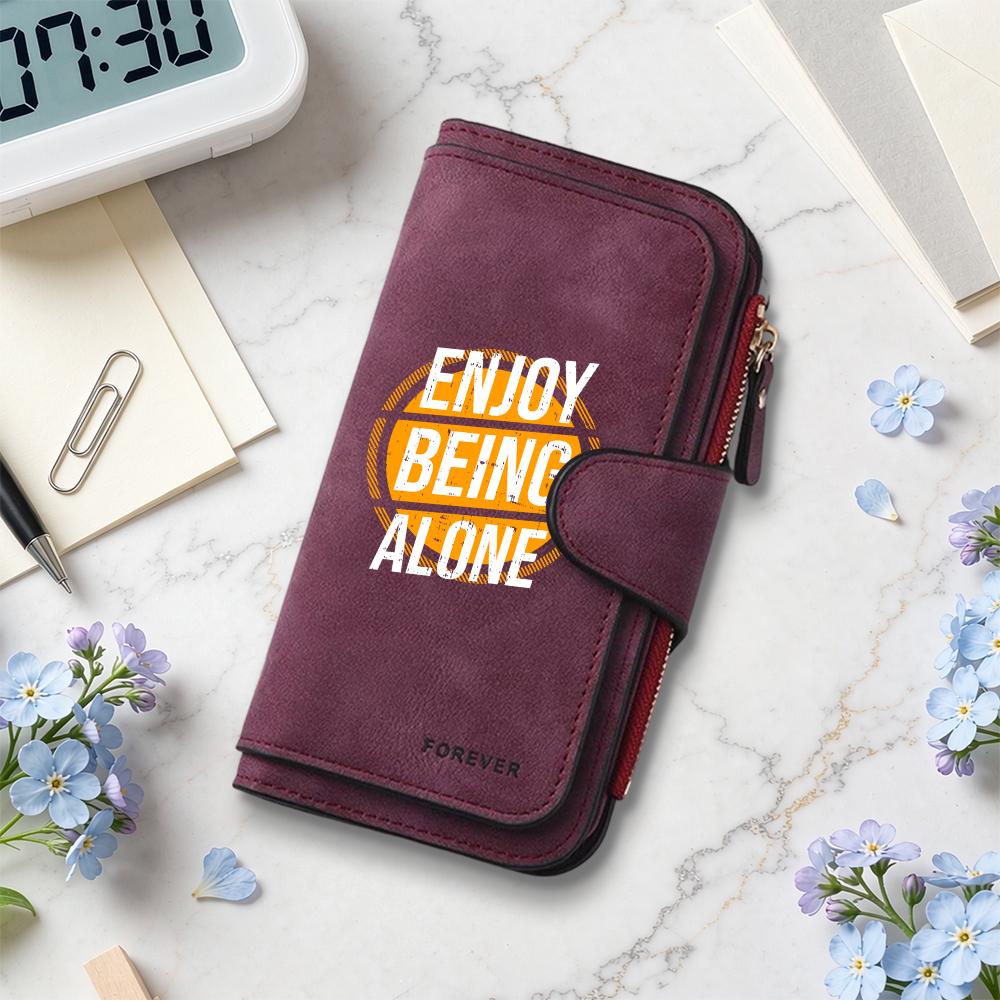 Fashion Long Wallet Enjoy Being Alone Print PU Leather Card Holder Portable Casual Zipper Purse for Daily Use