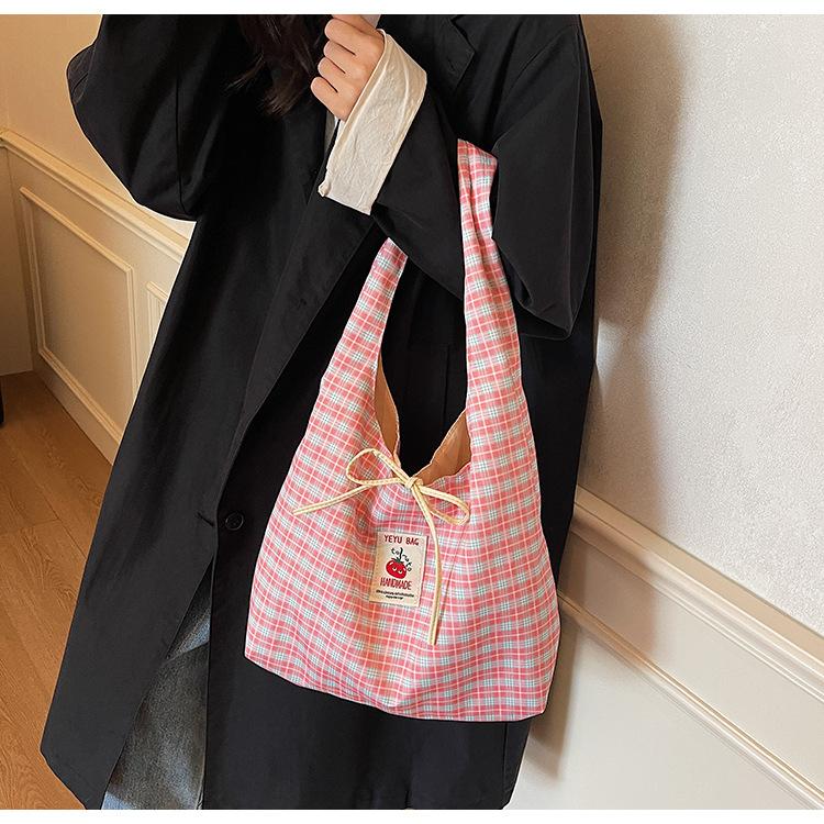 Japanese Style Chic Gingham Checkered Tote Bag Large Capacity Canvas Shoulder Bag for Women