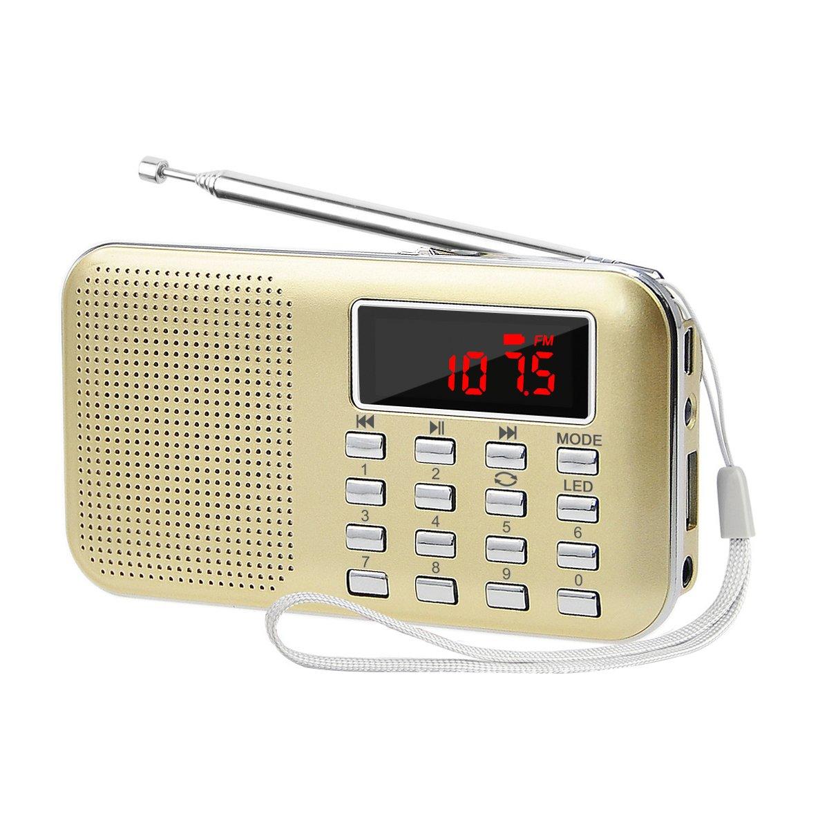 

LEFON Перезаряджуване багатофункціональне AM/FM кишенькове радіо з підтримкою USB та карт microSD, MP3-плеєр, світлодіодний ліхтарик та портативне радіо (Золото)