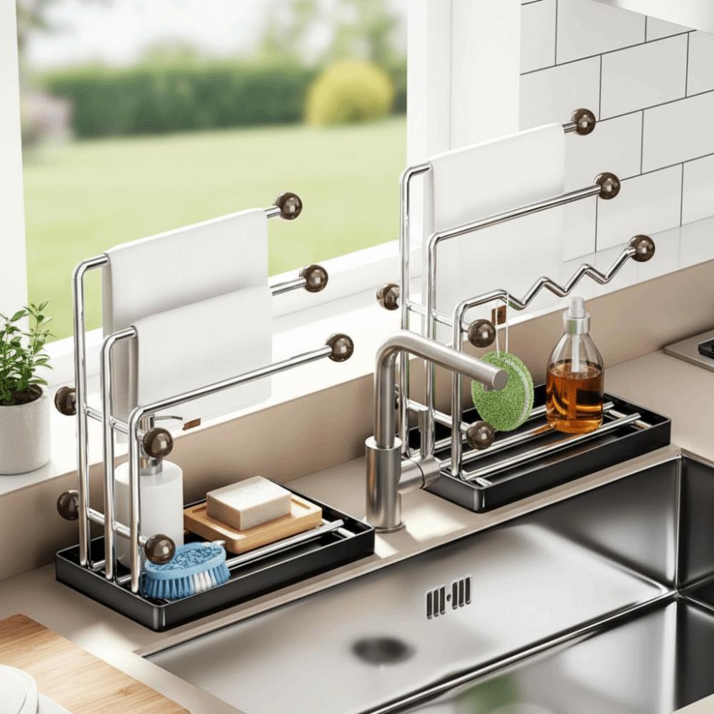 Stainless Steel Kitchen Rag Drying Rack Multi-functional with Drainage Tray Towel Holder Anti-rust Sponge Dishcloth Towel Holder