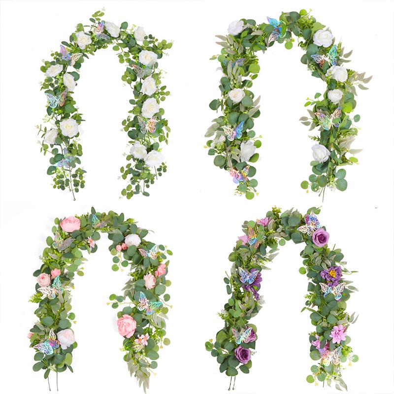 1PC Grüne Blattgirlande 180cm Künstliche Blumen Rebe Party Hochzeitsdeko Mit 3D Schmetterling Lebensechte Faux Floral Wand Akzente