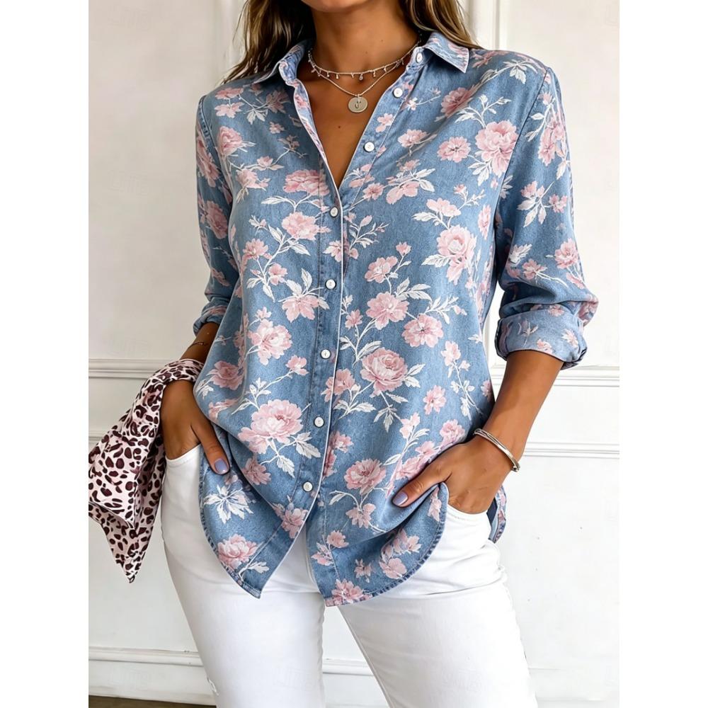 Women's Long Sleeve Floral Print Button Down Casual Shirt Elegant Daily Blouse Tops in Blue for Spring Summer