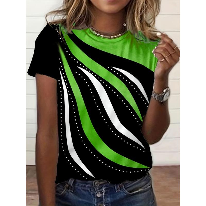 Damen-T-Shirt mit kontrastierendem geometrischem Print - Retro-Ethno-Stil, kurzärmelig, Rundhalsausschnitt, lässiges Oberteil in Schwarz/Grün/Weiß