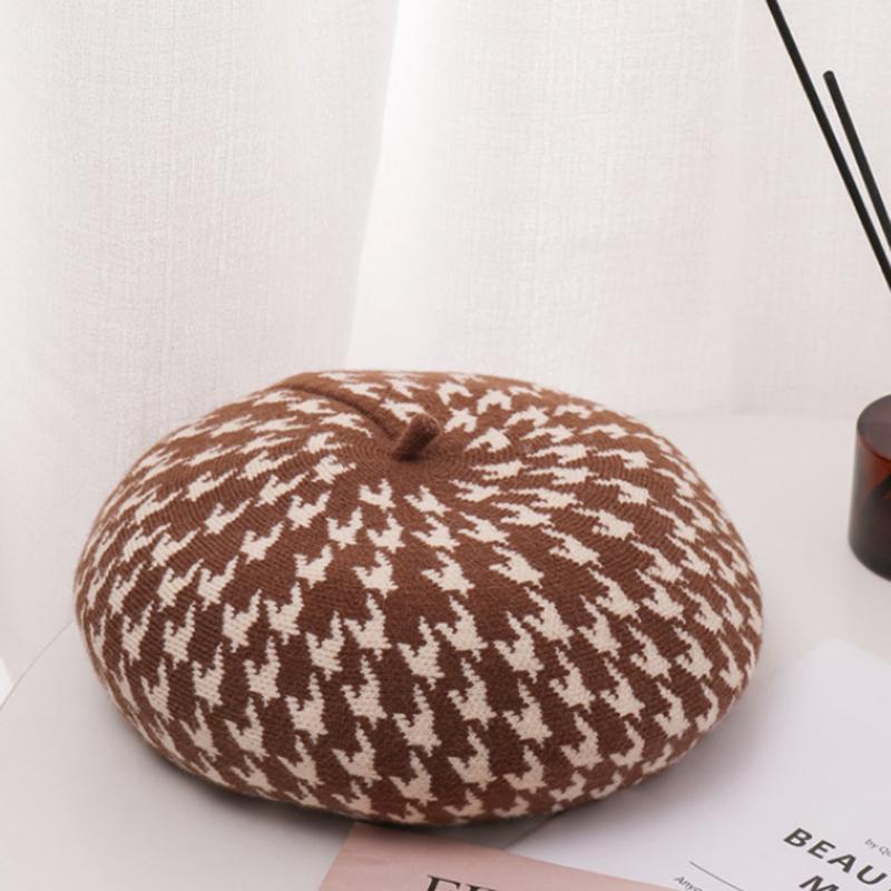 Women's Thousand Bird Plaid Beret Style Beanie Knit Hat Warm Keeping Fashion Artist Art Warm Hat Cap