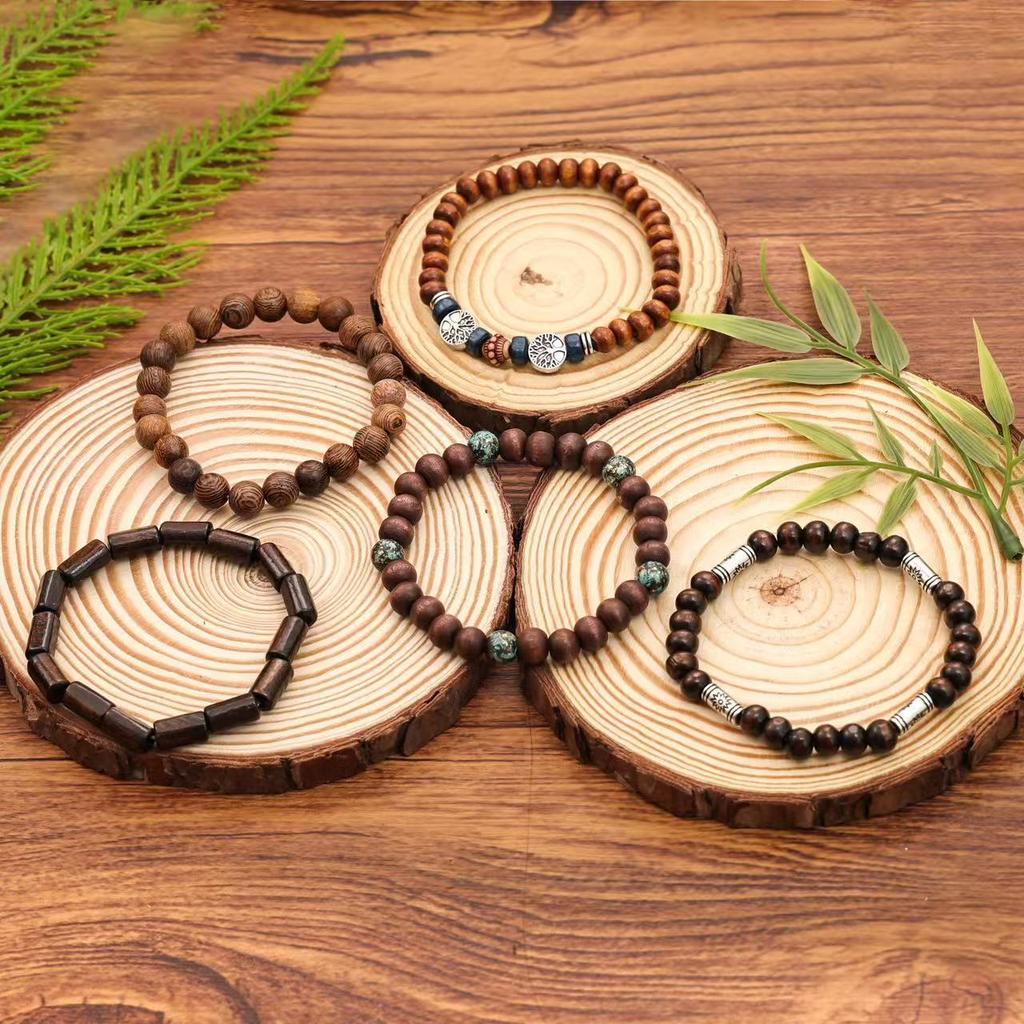 Hot-selling Handmade Beaded Bracelet Men's Retro Style Multi-layer Elastic Line Wooden Bead Life Tree Bracelet