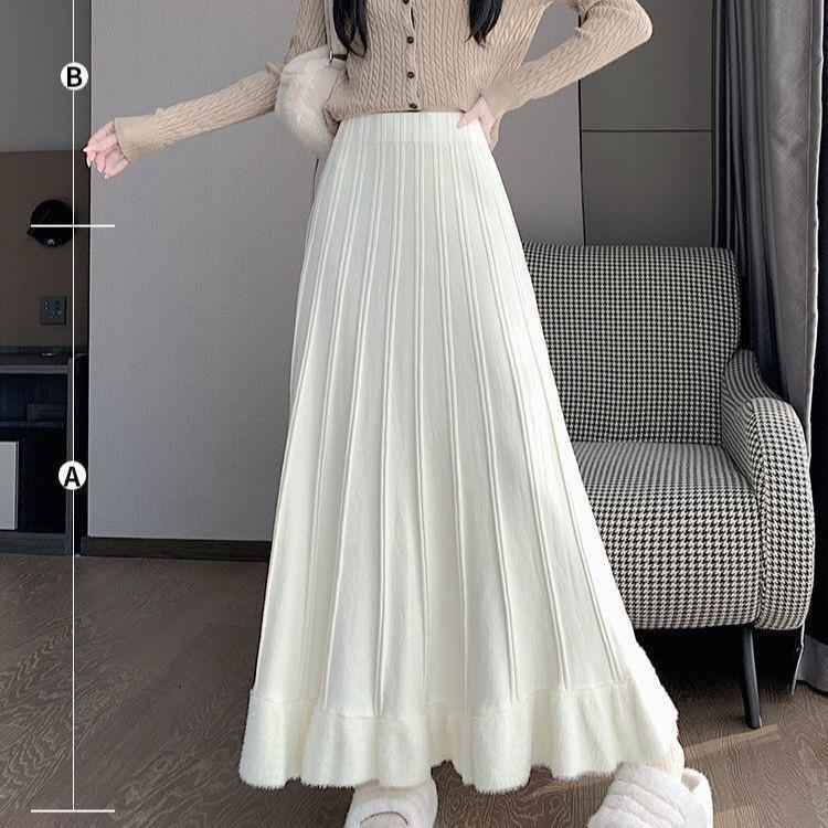 Autumn Winter Women's Knitted Pleated Skirt Long High-waist A-line Skirt