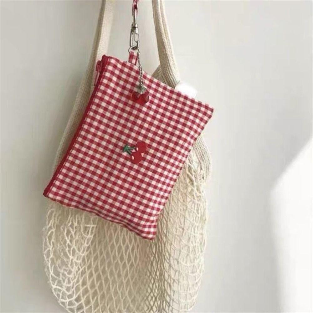 Large Capacity Cherry Cosmetic Bag Korean Style Canvas Coin Purse Creative Plaid Makeup Bags Men